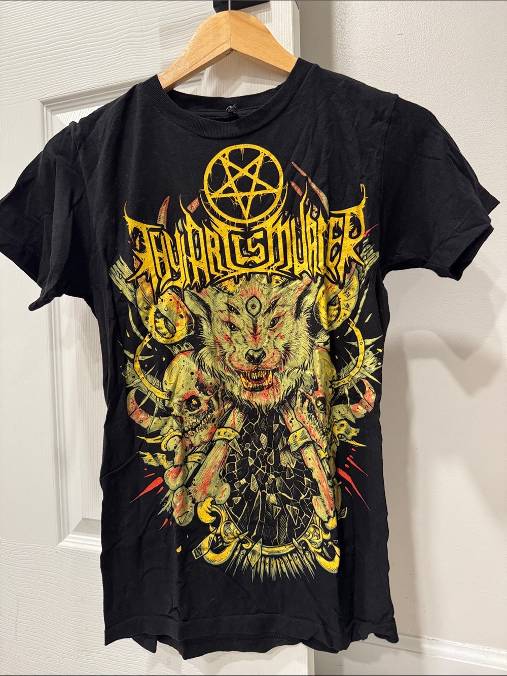 Black Graphic Band Tee with Yellow & Red Occult Design